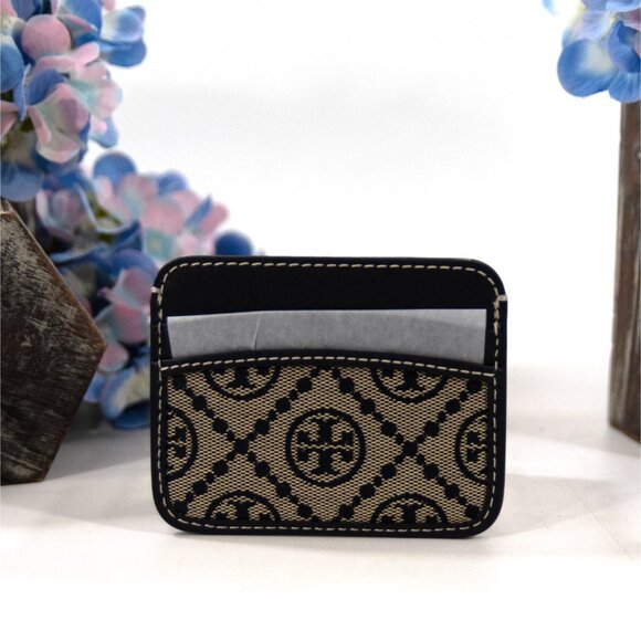 Tory Burch Navy T Monogram Jacquard Logo Card Case Mini Wallet NWT - Picture 2 of 7